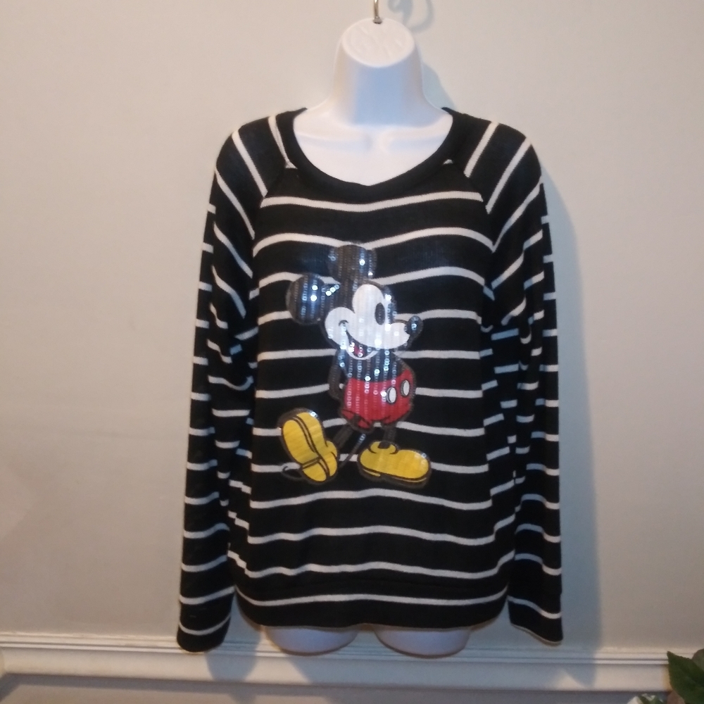 EUC Disney Black & White Striped Sequinned Mickey Mouse Sweater